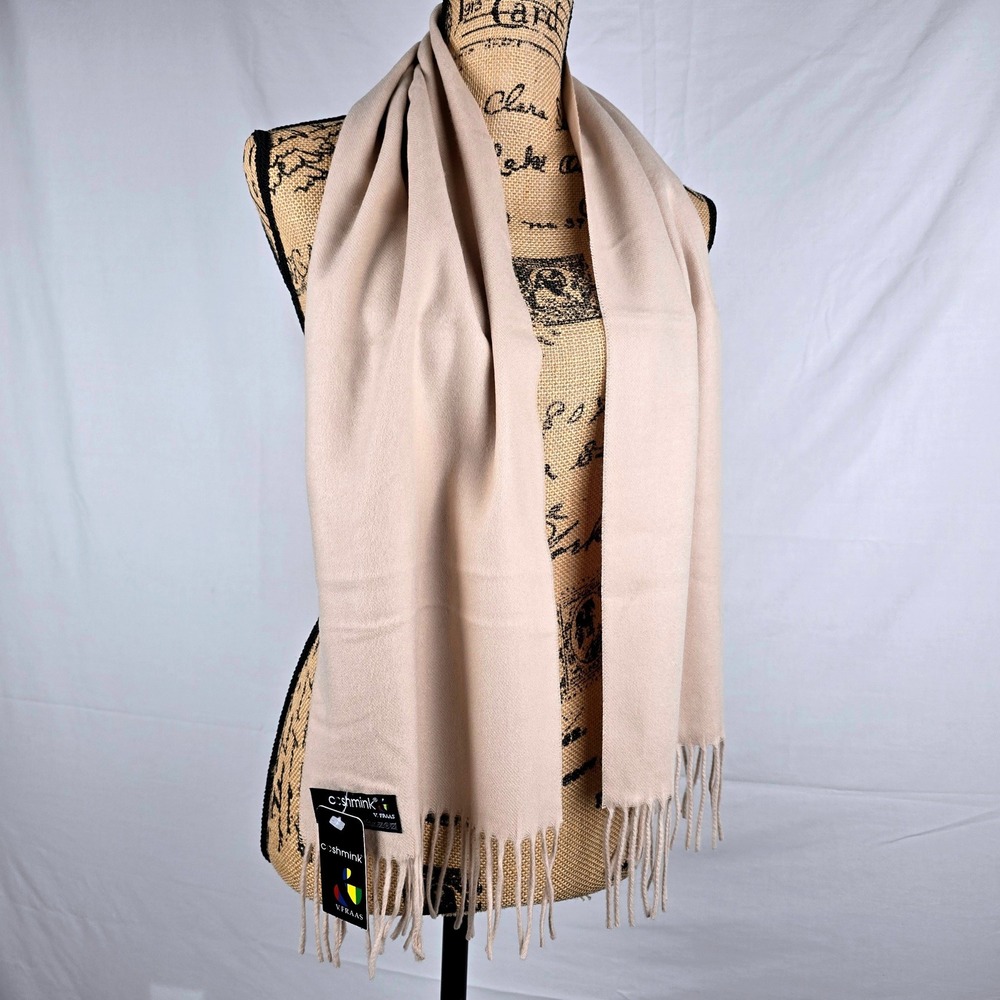 V. Fraas Cashmink Scarf Beige Solid Acrylic Fringe Made in Germany 700100 NEW